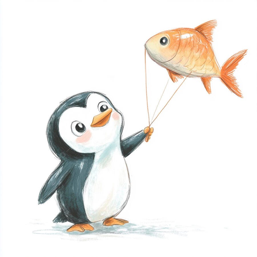 Pinguim fofo preto e branco segurando peixe laranja como balão ilustração infantil