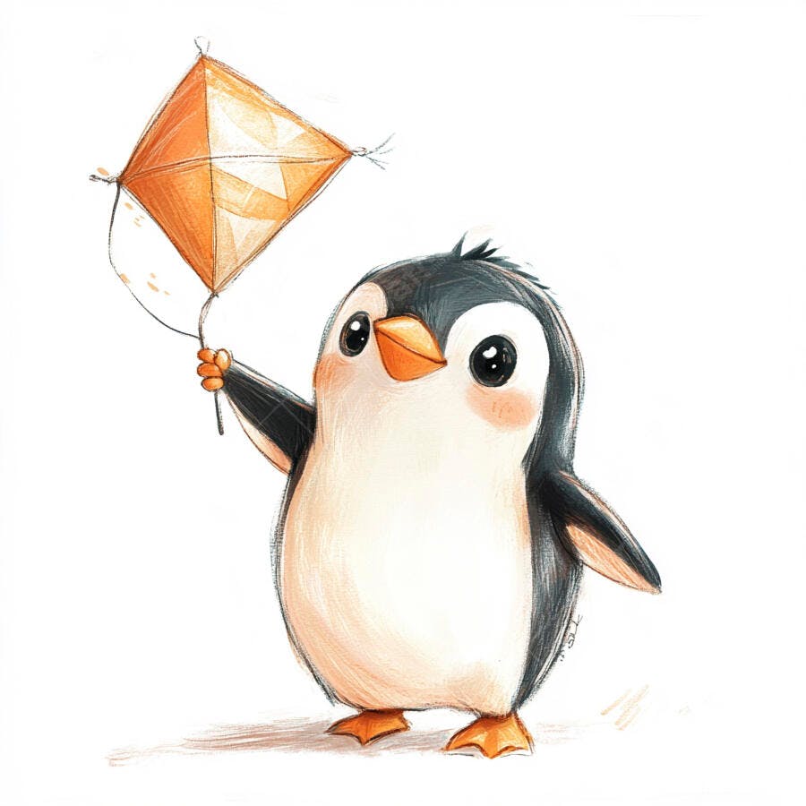 Pinguim bebê fofo preto e branco segurando pipa laranja em fundo branco