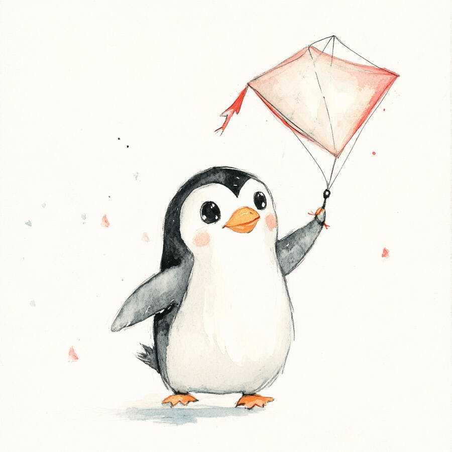 Penguin fofo de aquarela segurando pipa rosa voando no céu branco