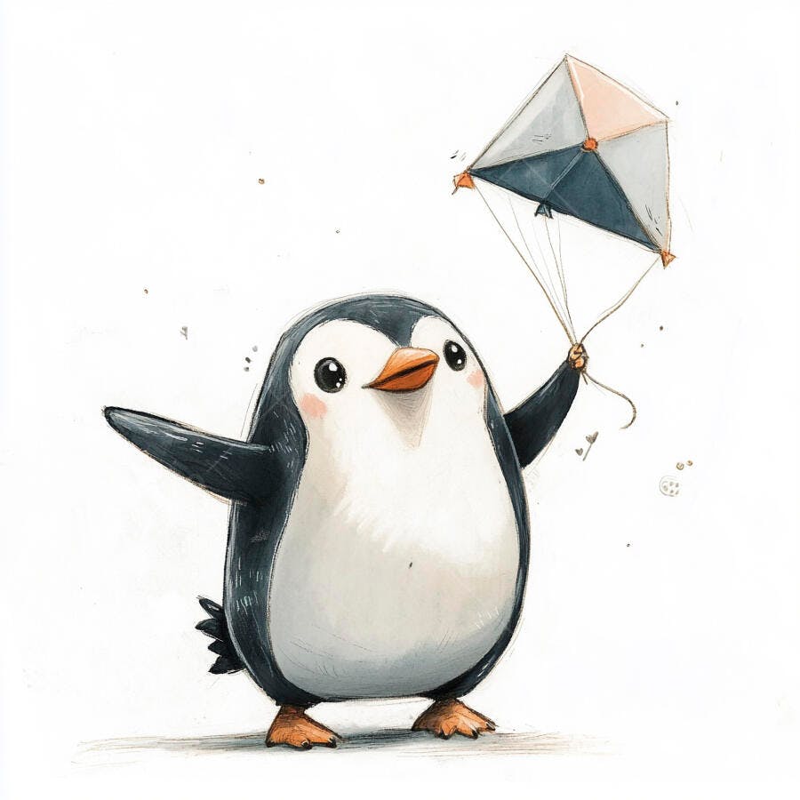 Pinguim fofo segurando pipa colorida sorrindo brincando