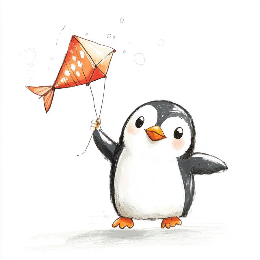 Pinguim fofo segurando pipa de peixe laranja sorrindo em fundo branco