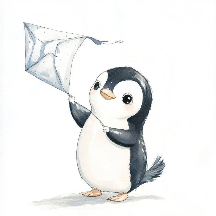 Pinguim bebê fofo segurando pipa branca em ilustração aquarela