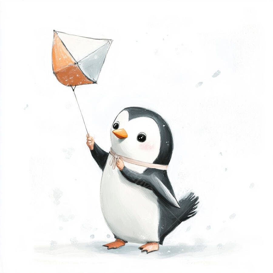 Pinguim fofo de aquarela segurando pipa laranja e cinza em fundo branco
