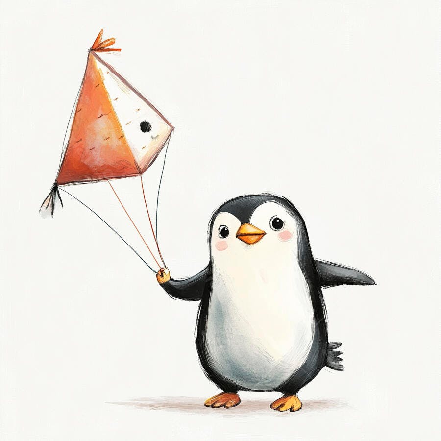 Pinguim fofo segurando pipa laranja em ilustração infantil
