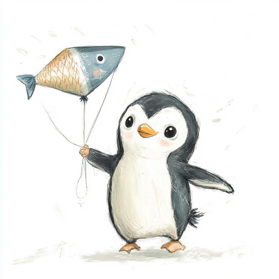 Pinguim fofo segurando balão de peixe ilustração infantil