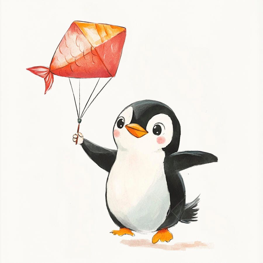 Pinguim bebê fofo segurando pipa de peixe vermelha em ilustração alegre