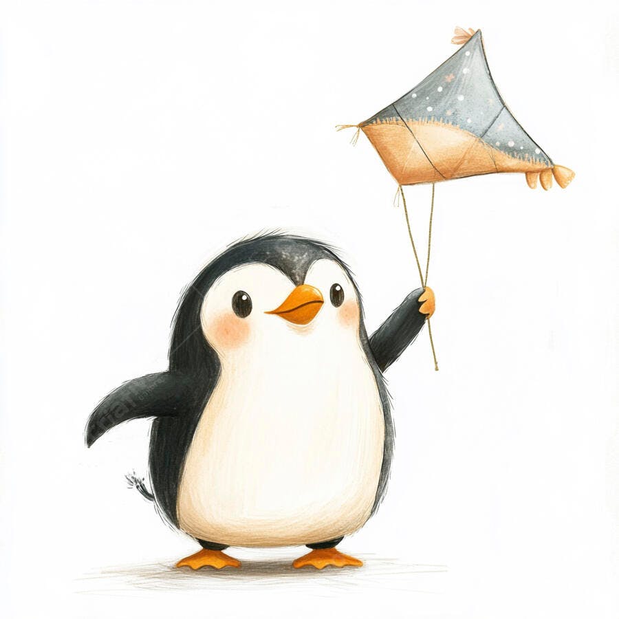 Pinguim bebê fofo segurando pipa colorida ilustração infantil