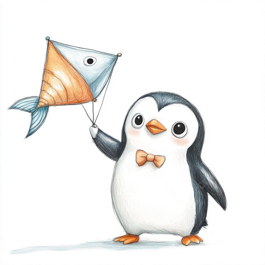Pinguim fofo com gravata borboleta laranja segurando pipa de peixe colorido