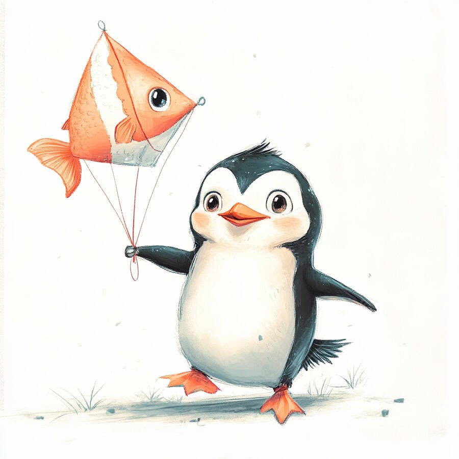 Pinguim fofo segurando pipa de peixe laranja no campo