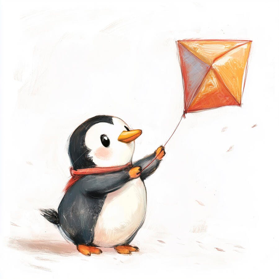 Pinguim fofo de cachecol vermelho empinando pipa laranja