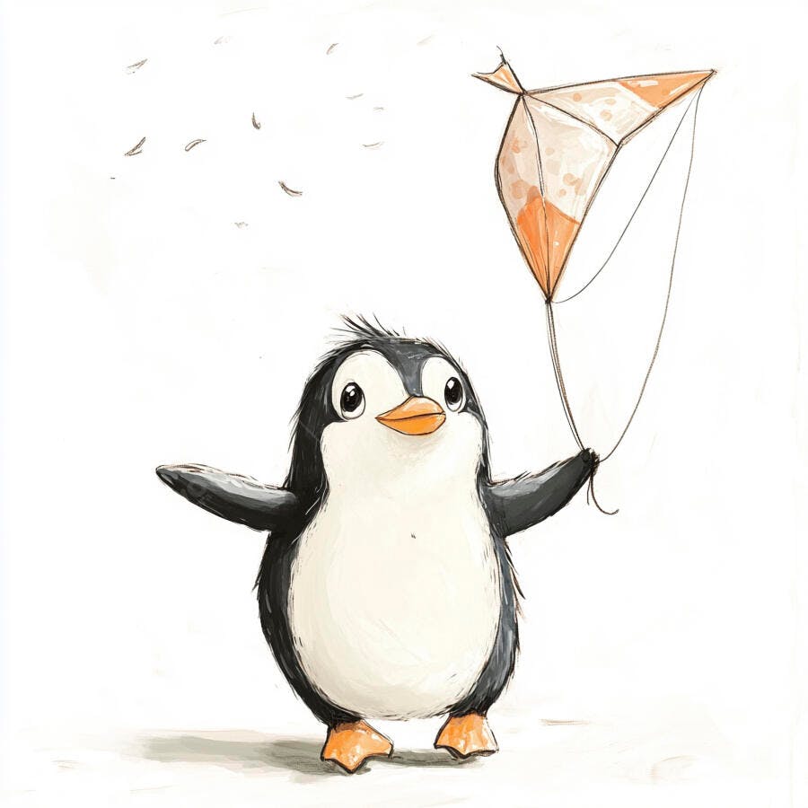 Pinguim fofo alegre segurando pipa laranja com penas voando