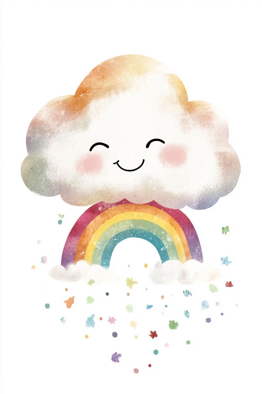 Nuvem feliz sorrindo com arco-íris e confetes coloridos caindo ilustração