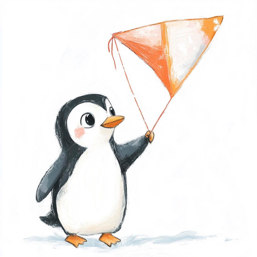 Pinguim bebê fofo segurando pipa laranja ilustração infantil