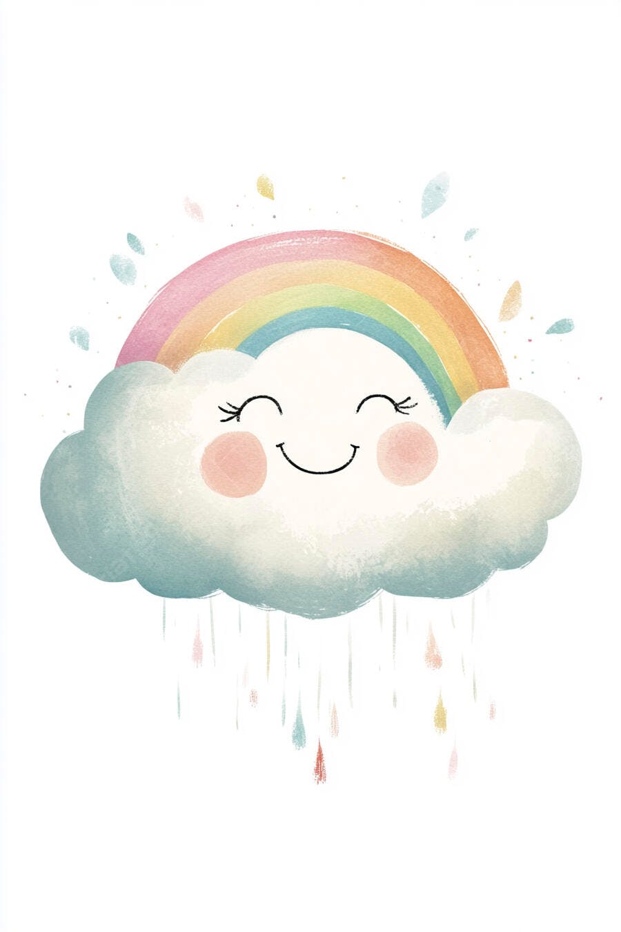 Nuvem fofa e feliz com arco-íris e chuva colorida ilustração infantil