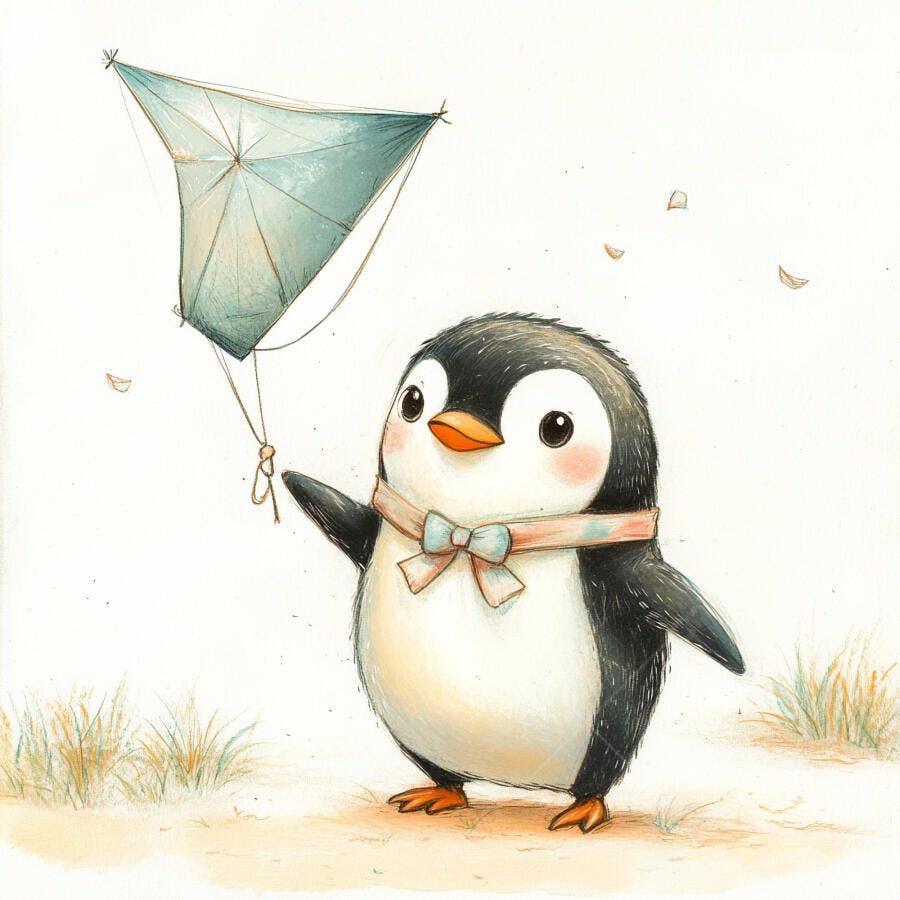 Pinguim fofo segurando pipa azul clara em cenário suave com detalhes em rosa