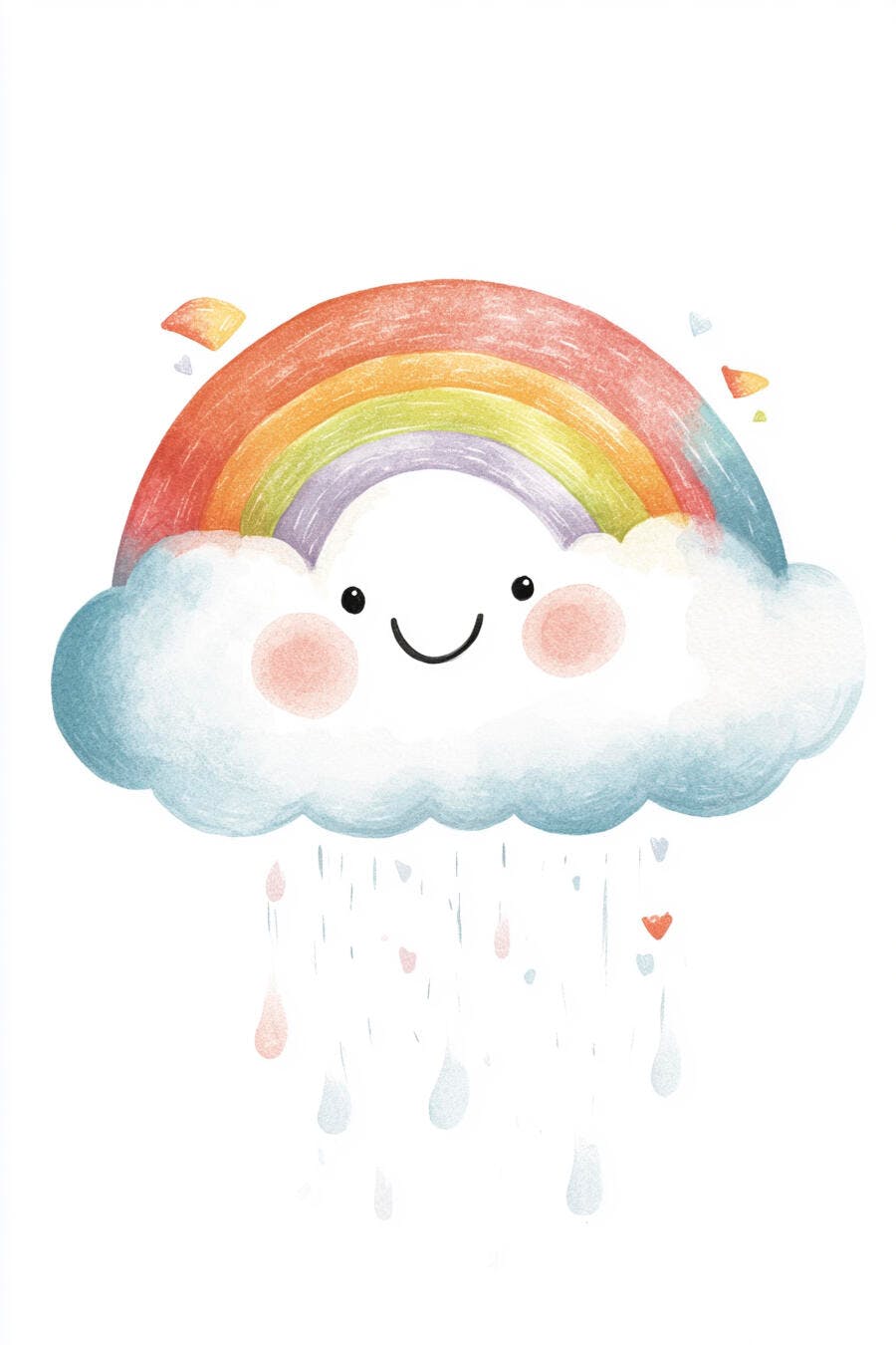 Nuvem sorridente e arco-íris chovendo gotas de chuva coloridas