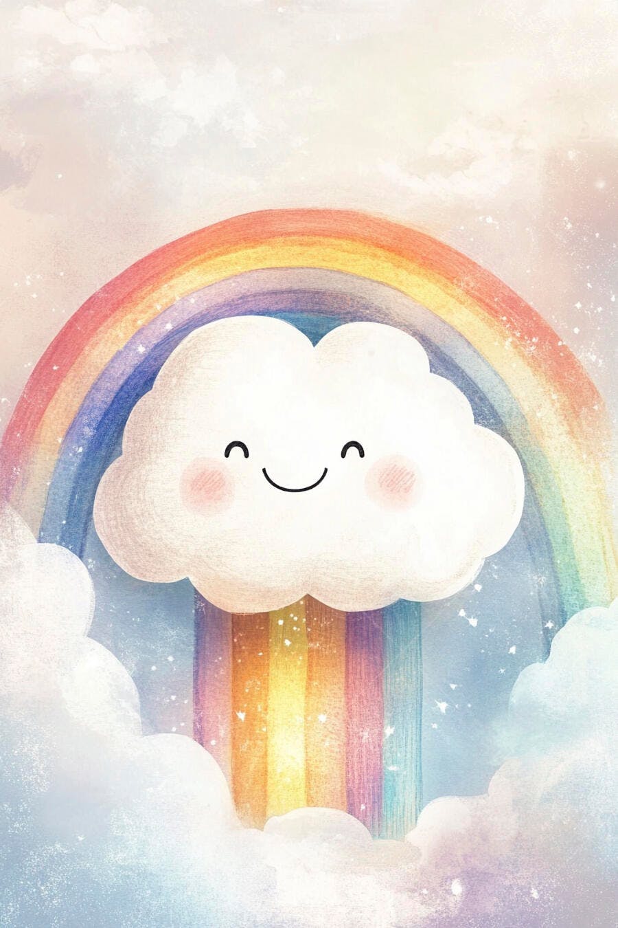 Nuvem feliz sorrindo com arco-íris colorido e céu pastel