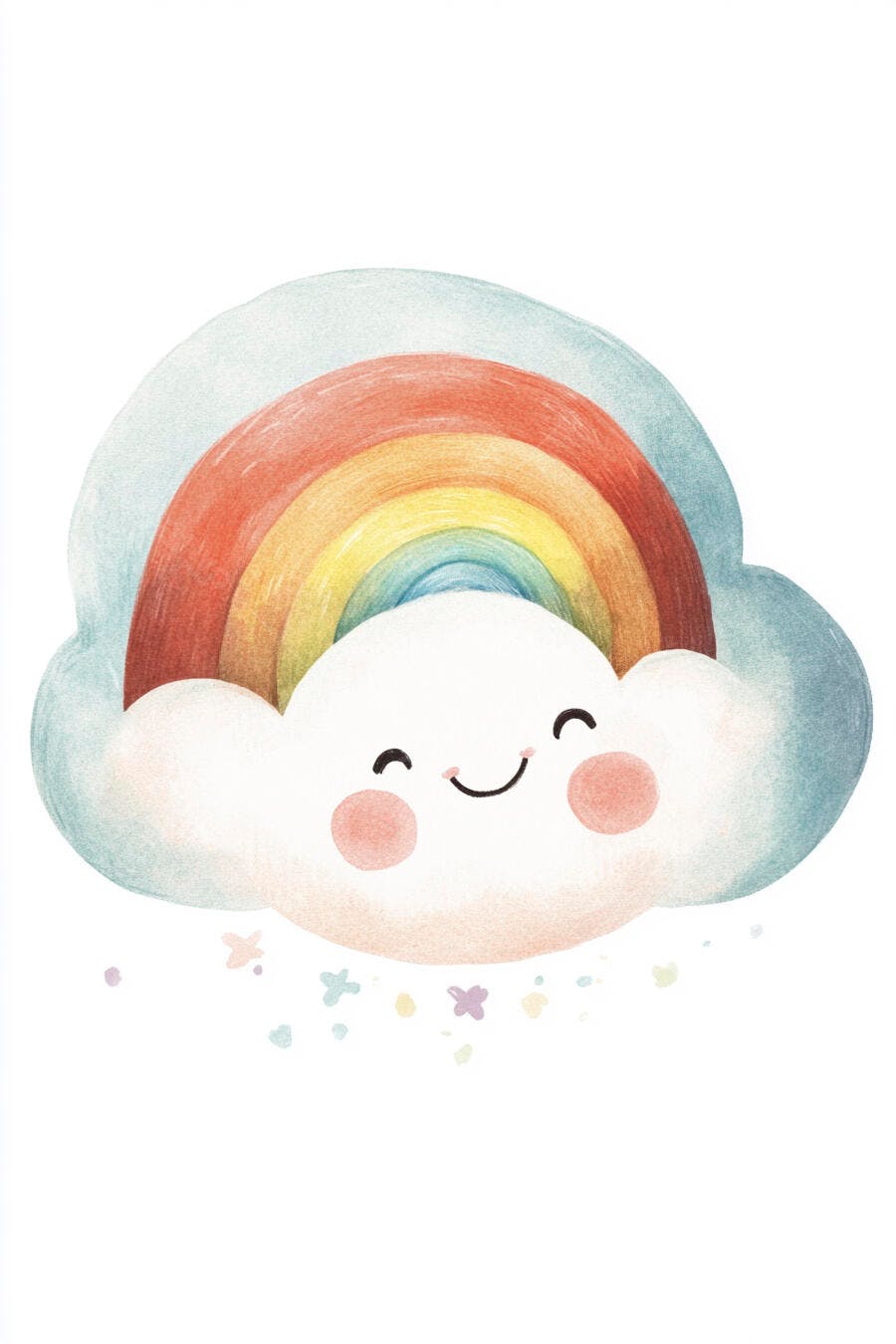 Nuvem feliz sorrindo com arco-íris e estrelas coloridas ilustração infantil