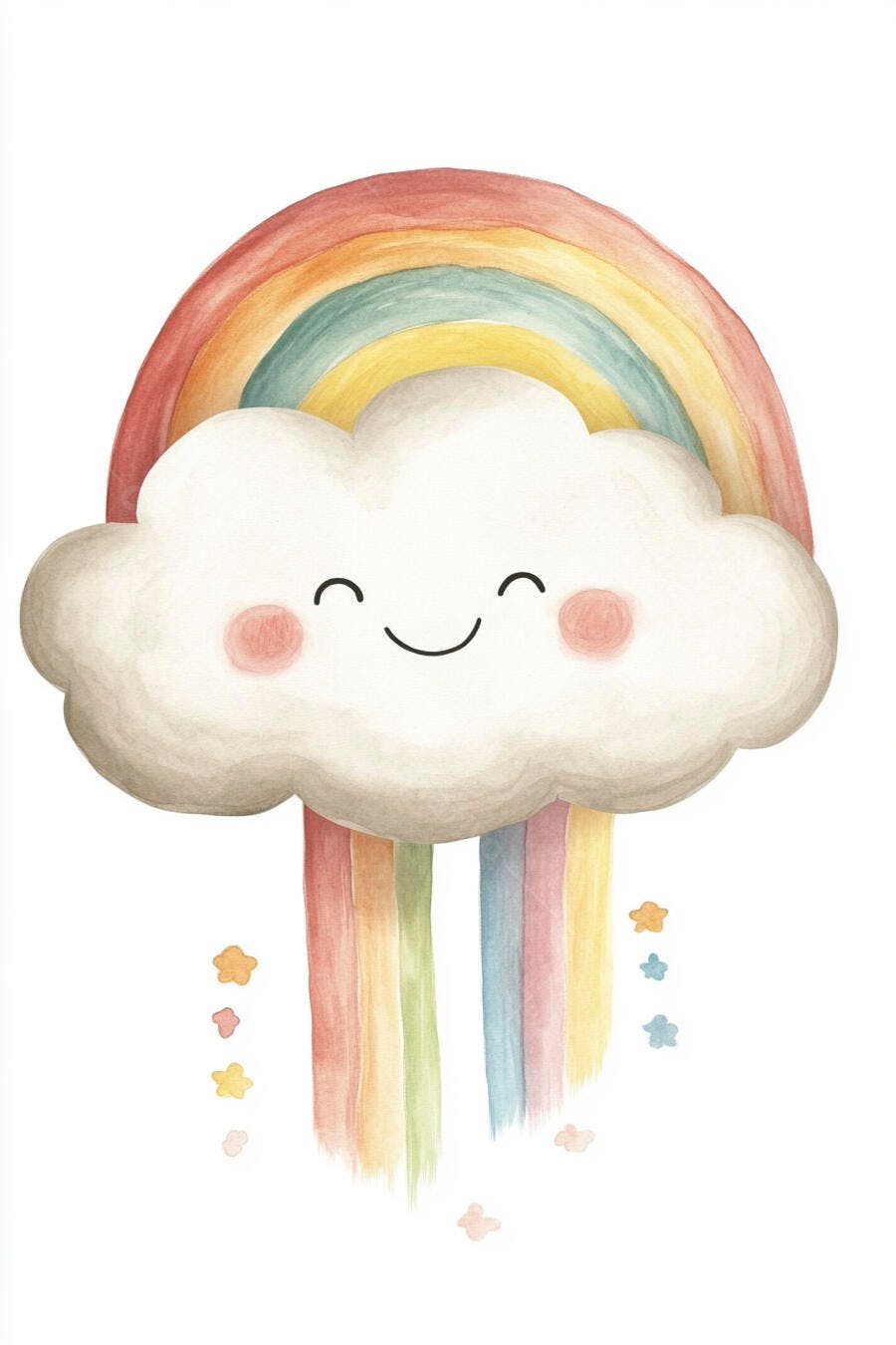 Nuvem sorridente fofa com arco-íris pastel e estrelas coloridas ilustração infantil