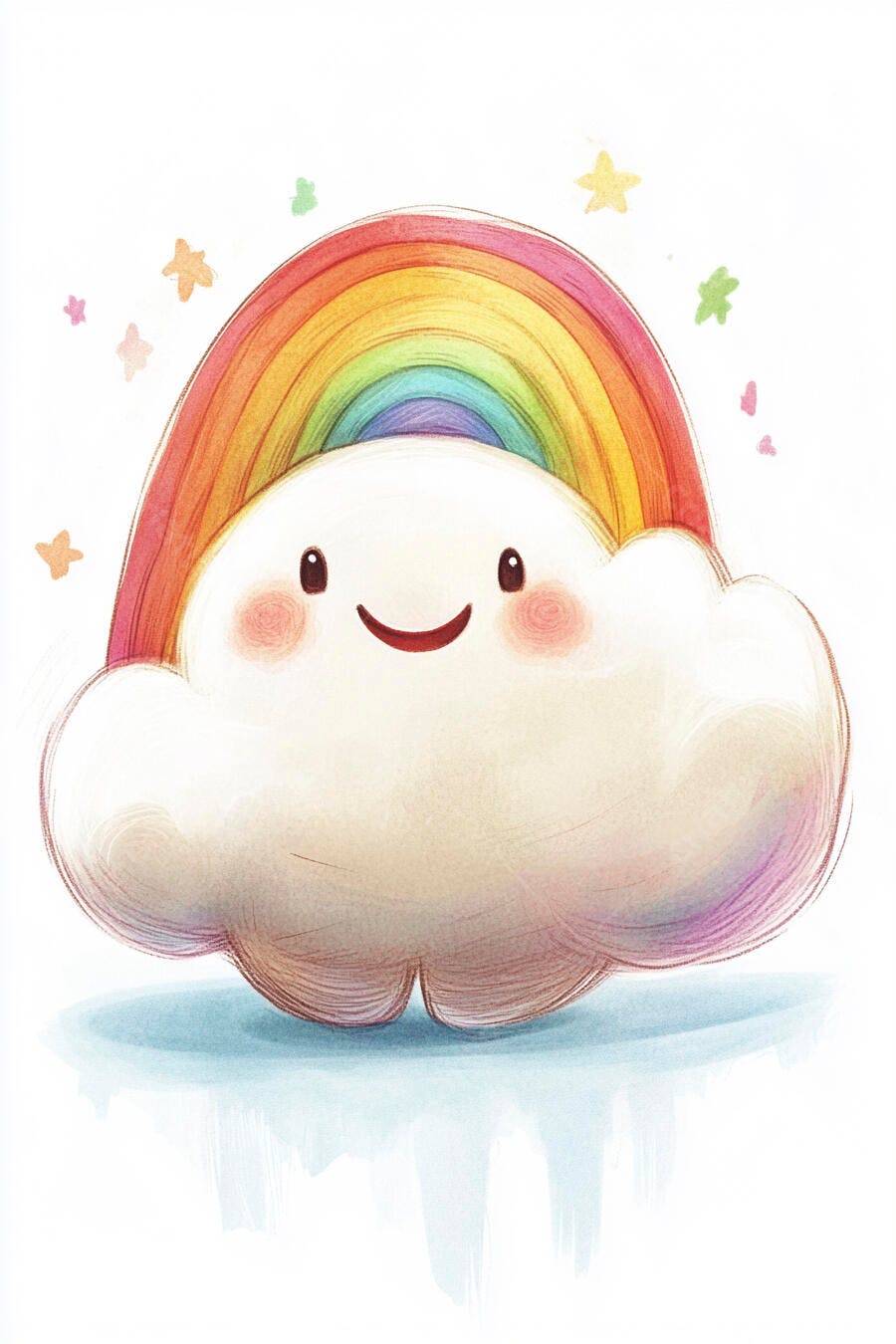 Nuvem feliz sorrindo com arco-íris colorido e estrelas brilhantes ilustração