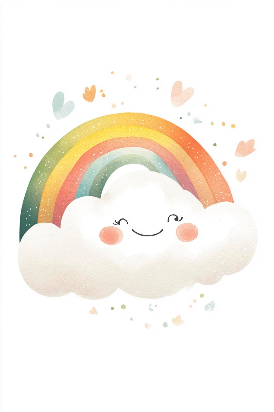 Nuvem sorridente com arco-íris em tons pastel e corações, ilustração infantil