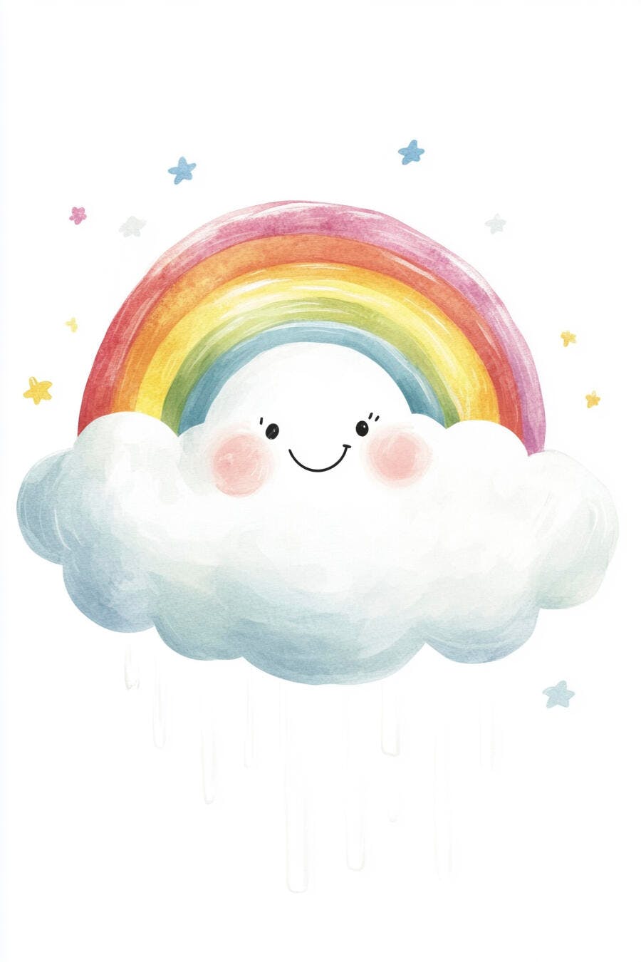 Nuvem fofa sorrindo com arco-íris vibrante e estrelas coloridas ilustração infantil