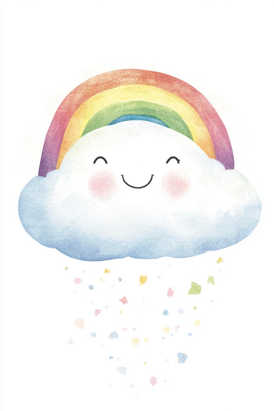 Nuvem feliz sorrindo com arco-íris e chuva de confetes coloridos ilustração aquarela