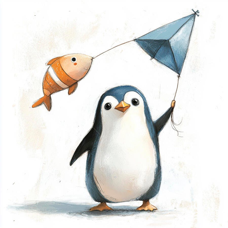 Pinguim azul fofo segurando pipa com peixe laranja voador ilustração