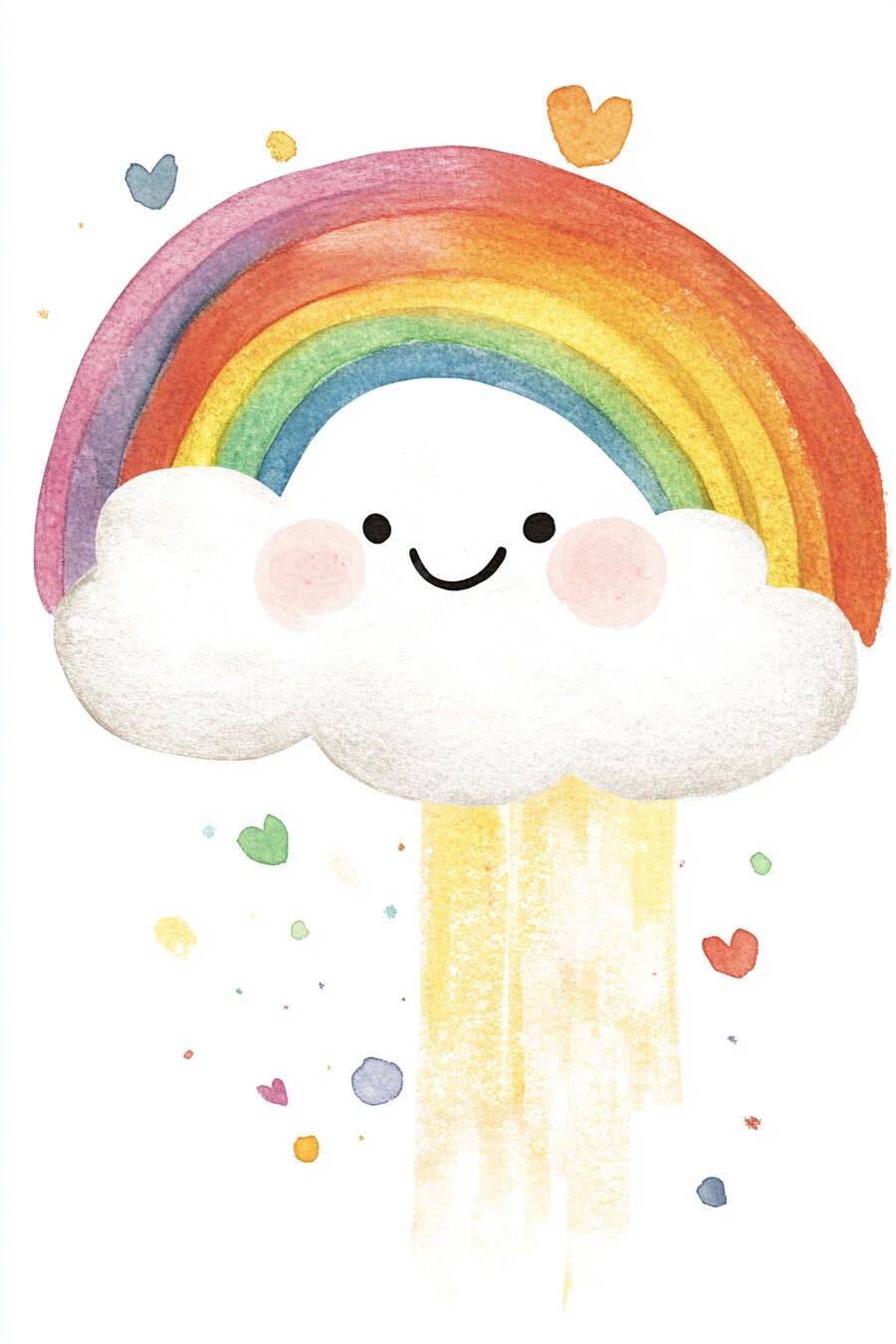 Nuvem feliz com arco-íris e corações coloridos ilustração infantil