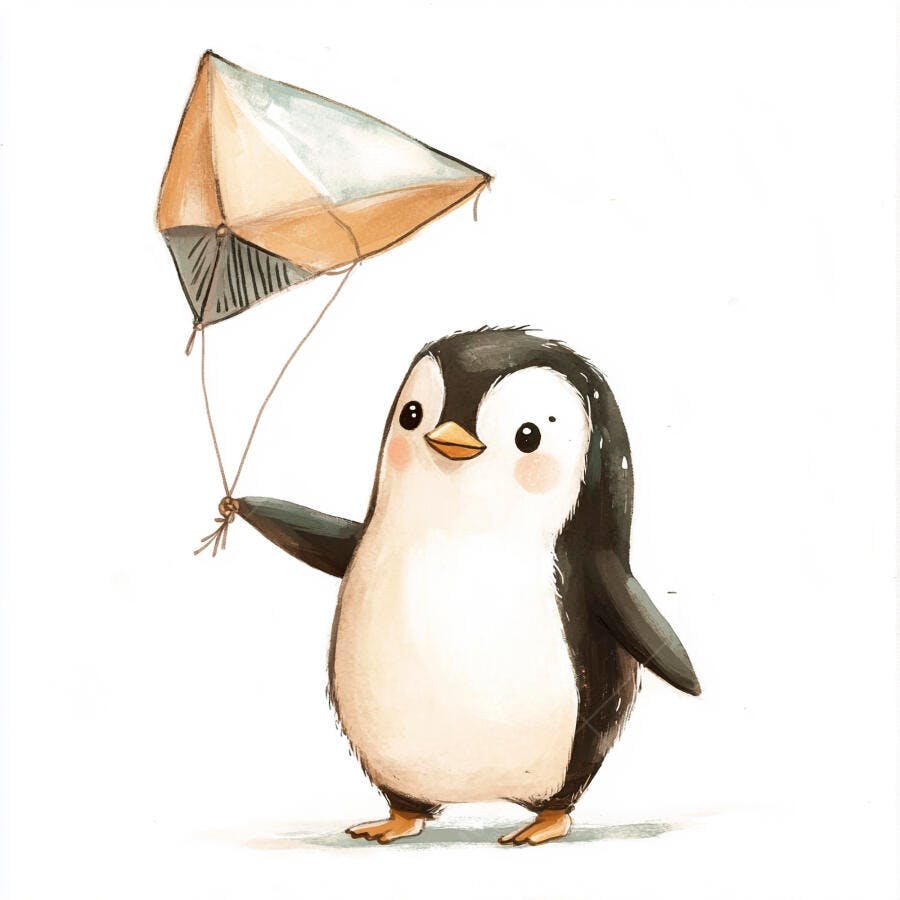 Pinguim ilustração fofo segurando pipa sorrindo fundo branco