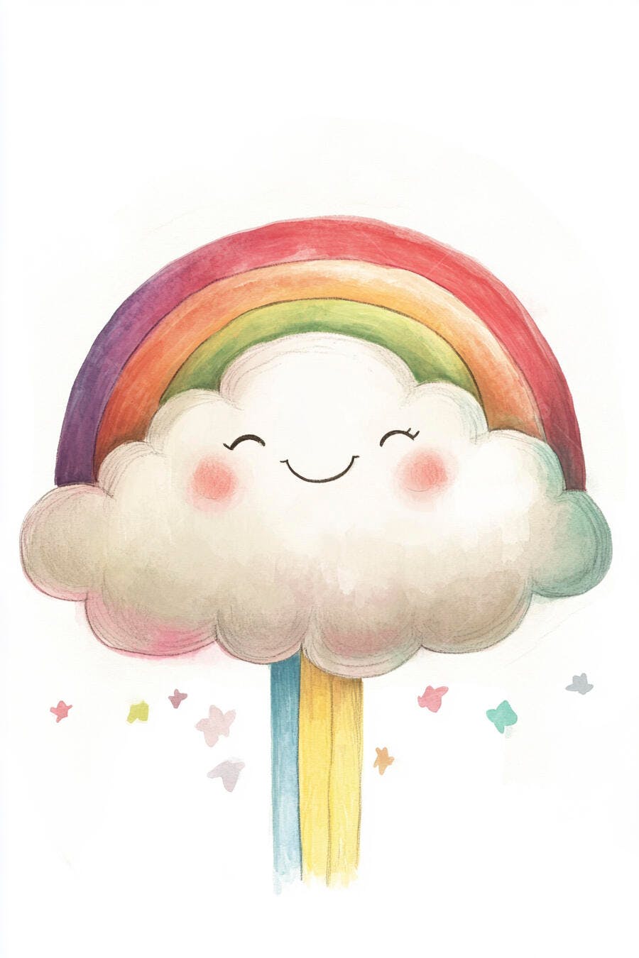 Nuvem feliz sorrindo com arco-íris vibrante e estrelinhas coloridas