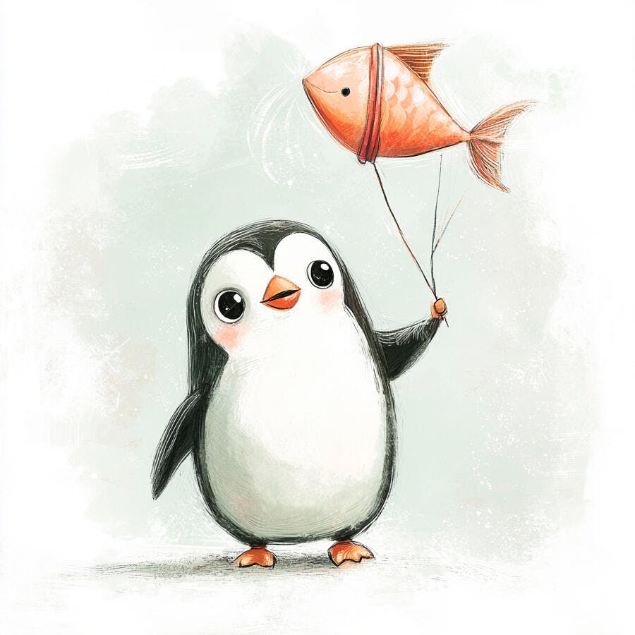 Pinguim fofo desenho animado segurando balão de peixe laranja