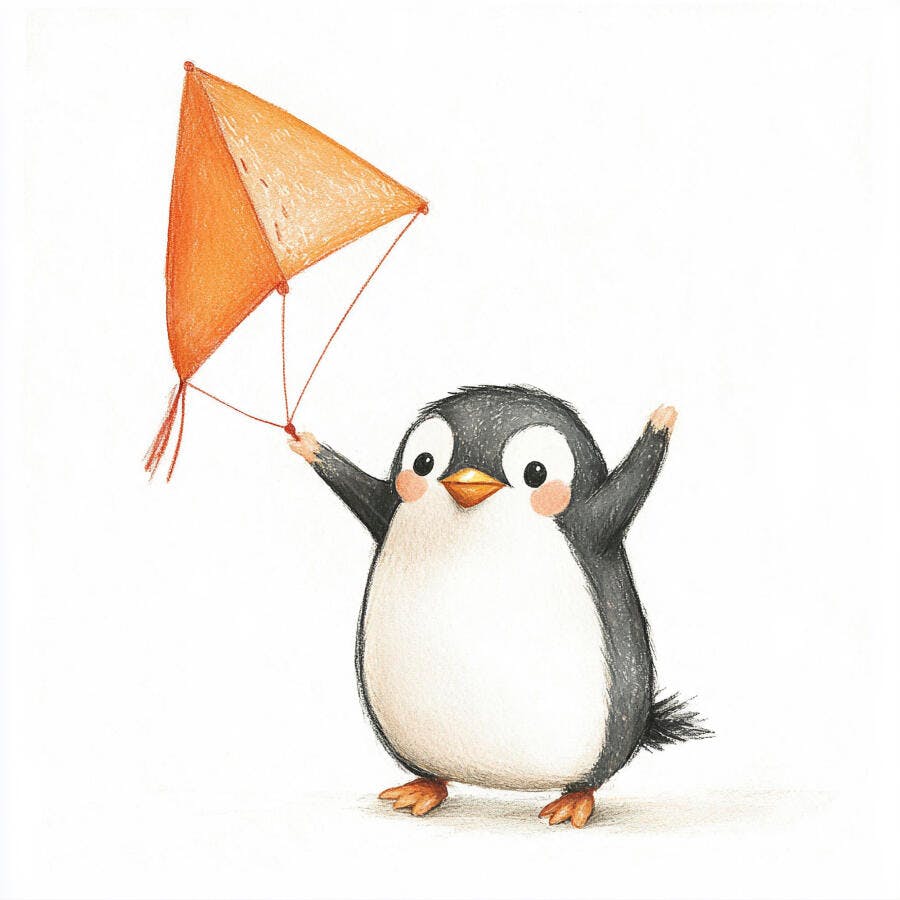 Pinguim fofo segurando pipa laranja sorrindo feliz