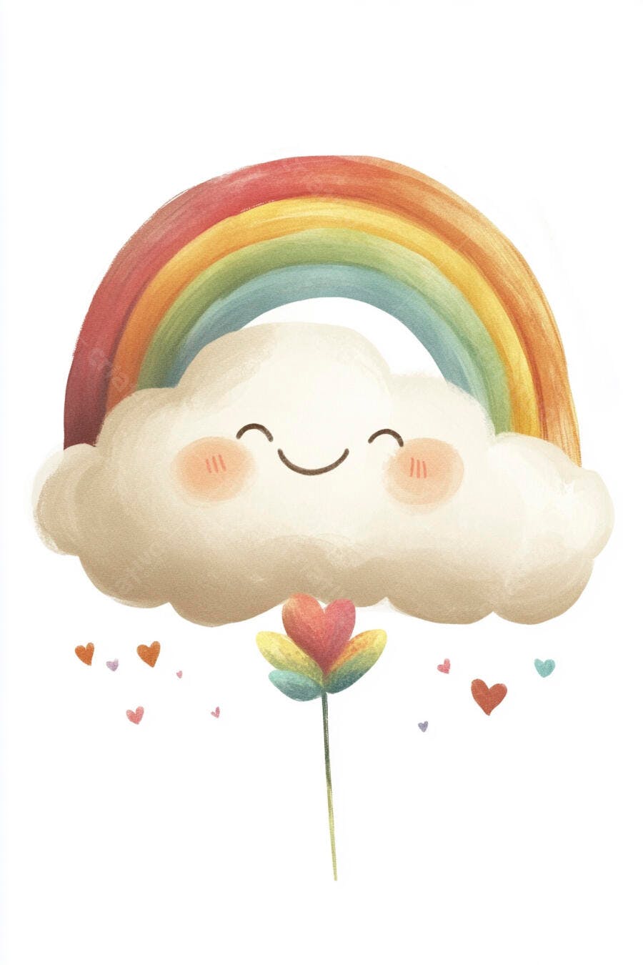 Nuvem feliz sorrindo com arco-íris colorido e flor coração