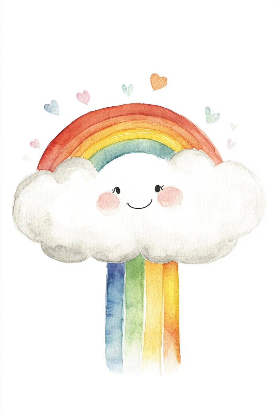Nuvem feliz de aquarela com arco-íris e corações coloridos