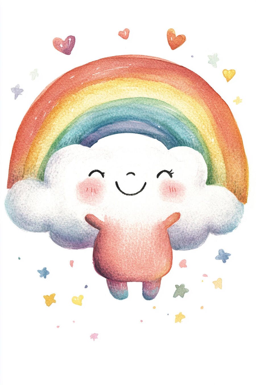 Nuvem fofa e feliz abraçando um arco-íris colorido em aquarela