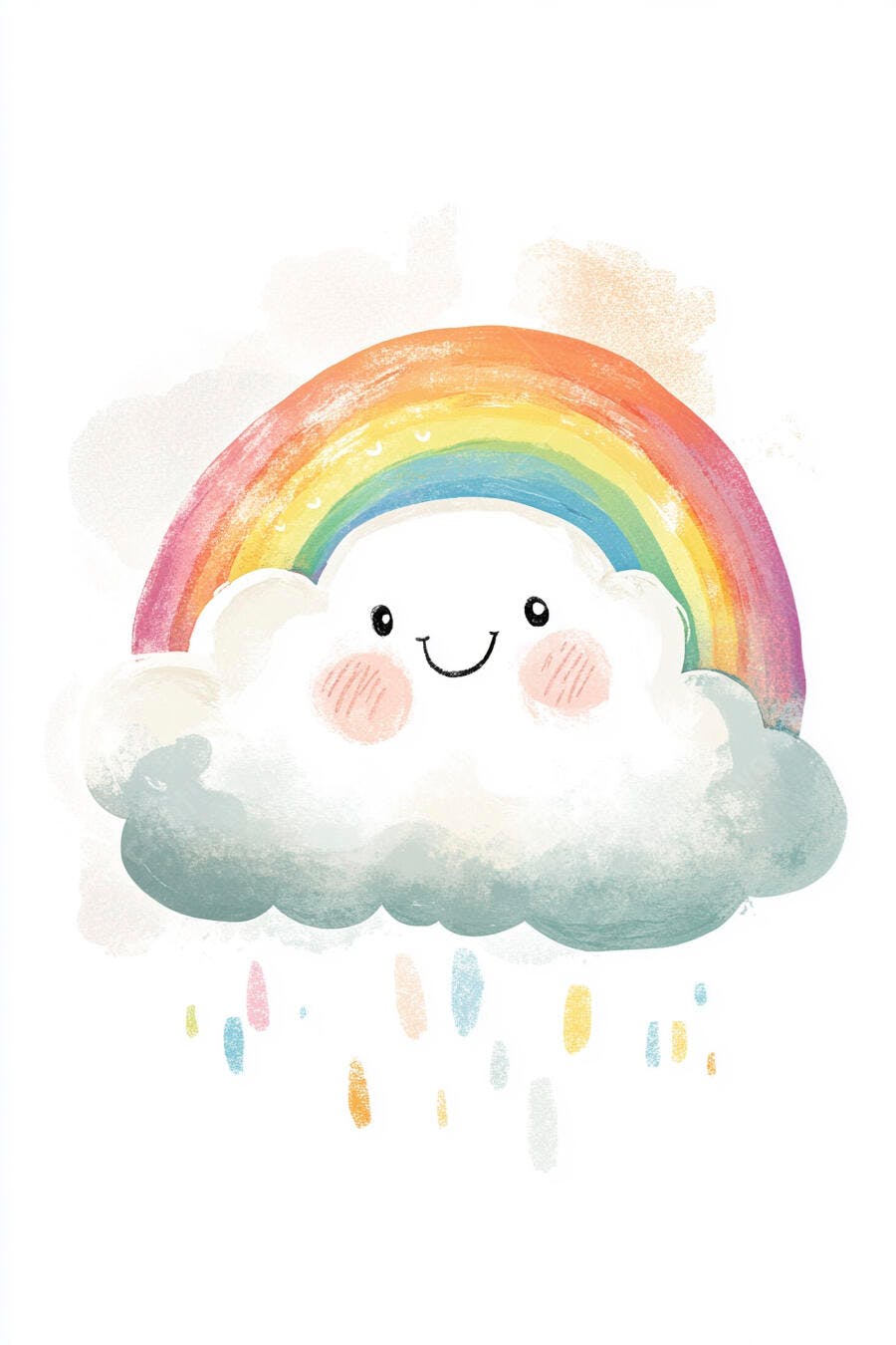 Nuvem sorrindo com arco-íris colorido e gotas de chuva pastel