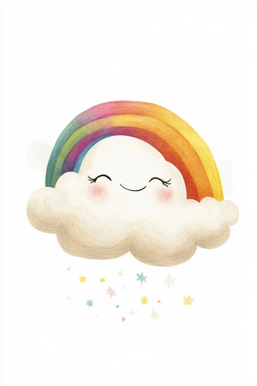 Nuvem feliz sorrindo com arco-íris e estrelas caindo ilustração infantil