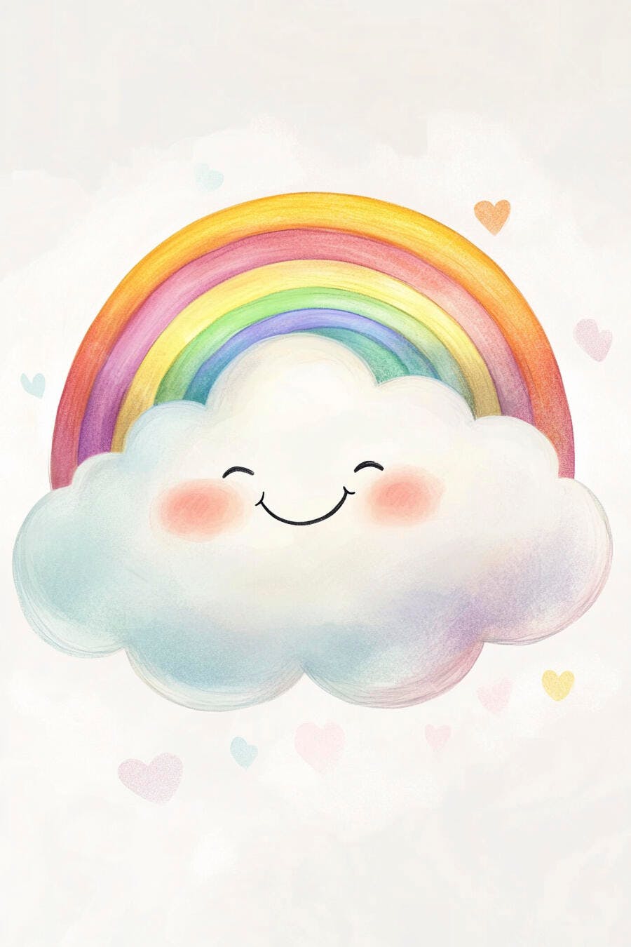 Nuvem feliz sorrindo com arco-íris colorido e corações pastel ilustração infantil