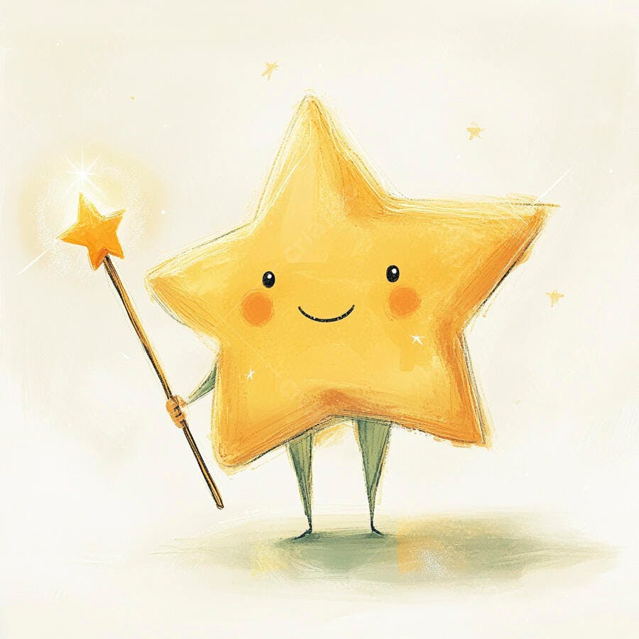 Estrela amarela de desenho animado com varinha mágica brilhante