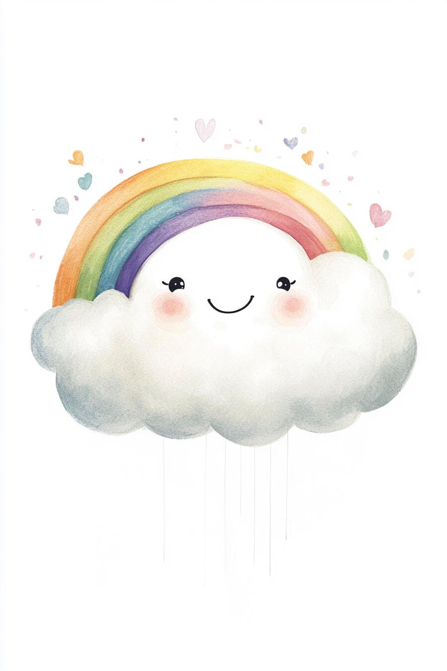Nuvem fofa e feliz com arco-íris e corações coloridos ilustração infantil