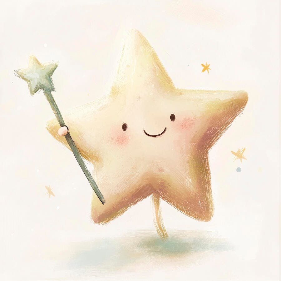 Estrela amarela sorridente segurando varinha mágica ilustração infantil