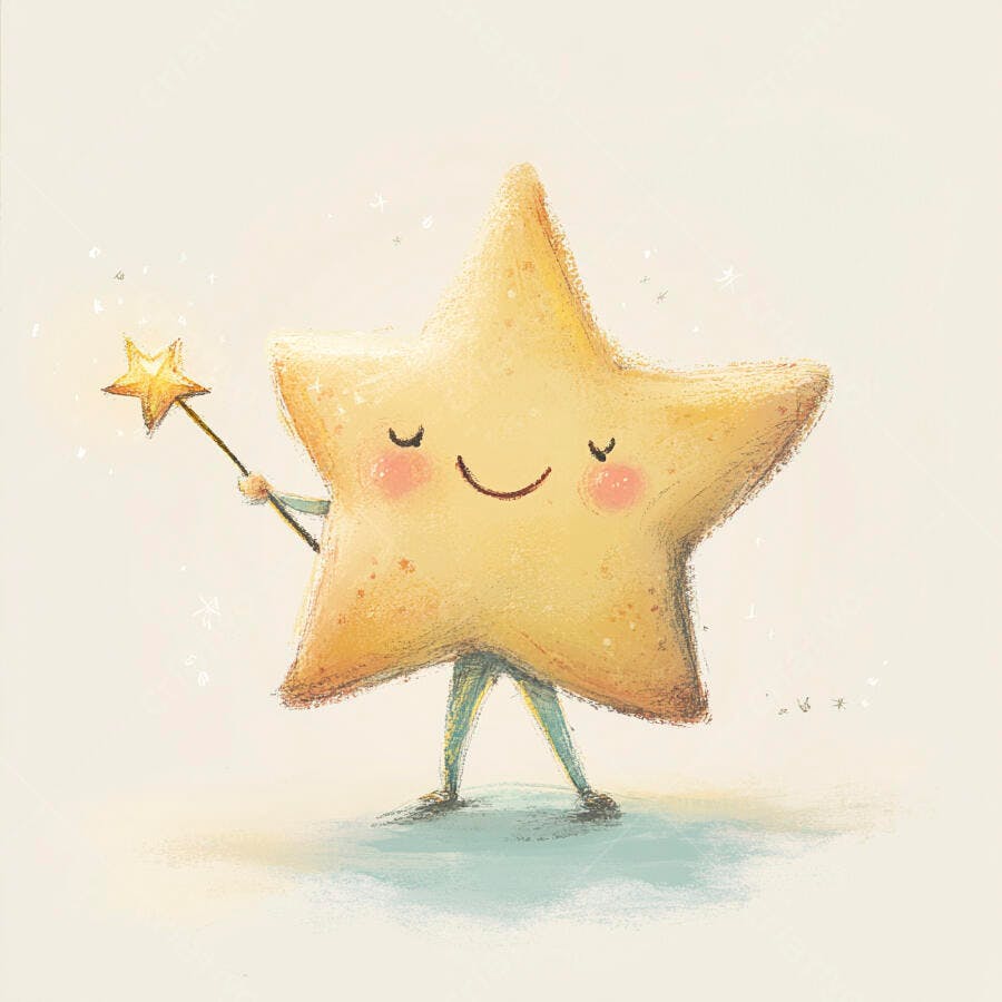 Estrela amarela feliz com varinha mágica brilhante em ilustração infantil