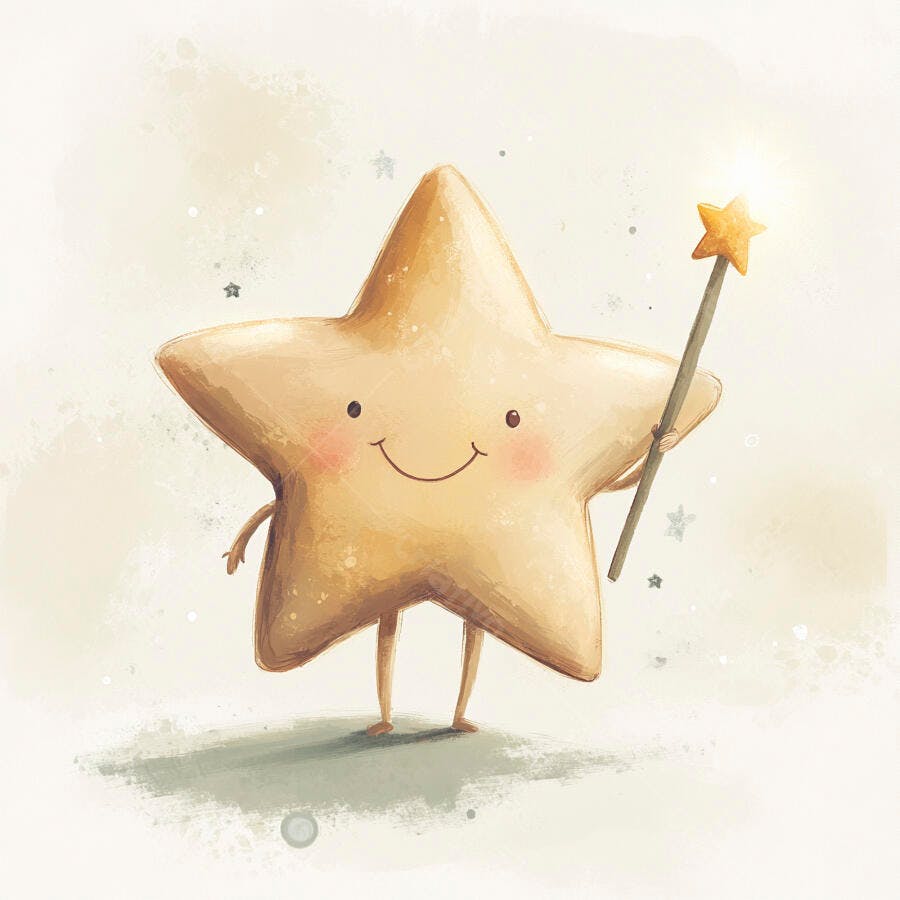 Estrela mágica amarela sorridente com varinha brilhante em fundo aquarela