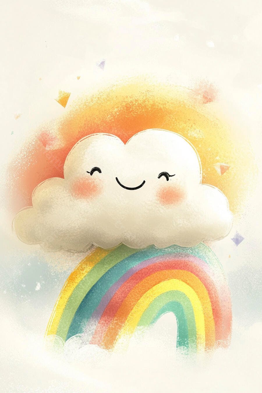 Nuvem feliz sorrindo sobre um arco-íris vibrante ilustração infantil