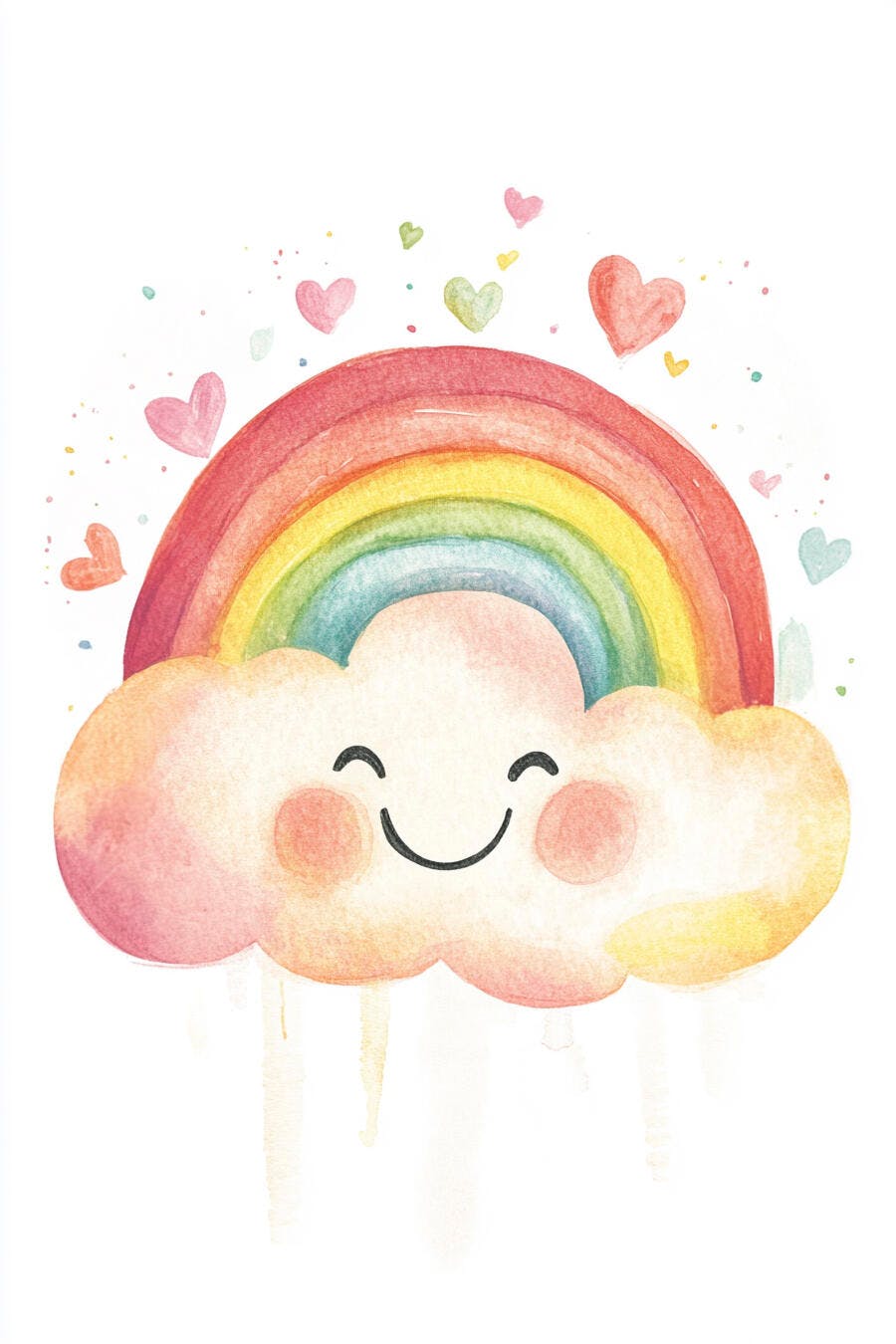 Nuvem feliz com arco-íris pastel e corações flutuantes ilustração aquarela