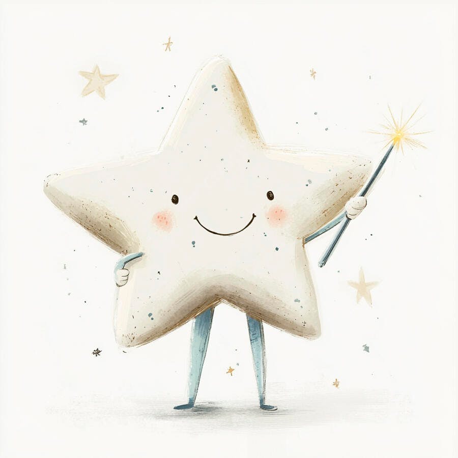 Estrela branca feliz com varinha mágica em fundo abstrato