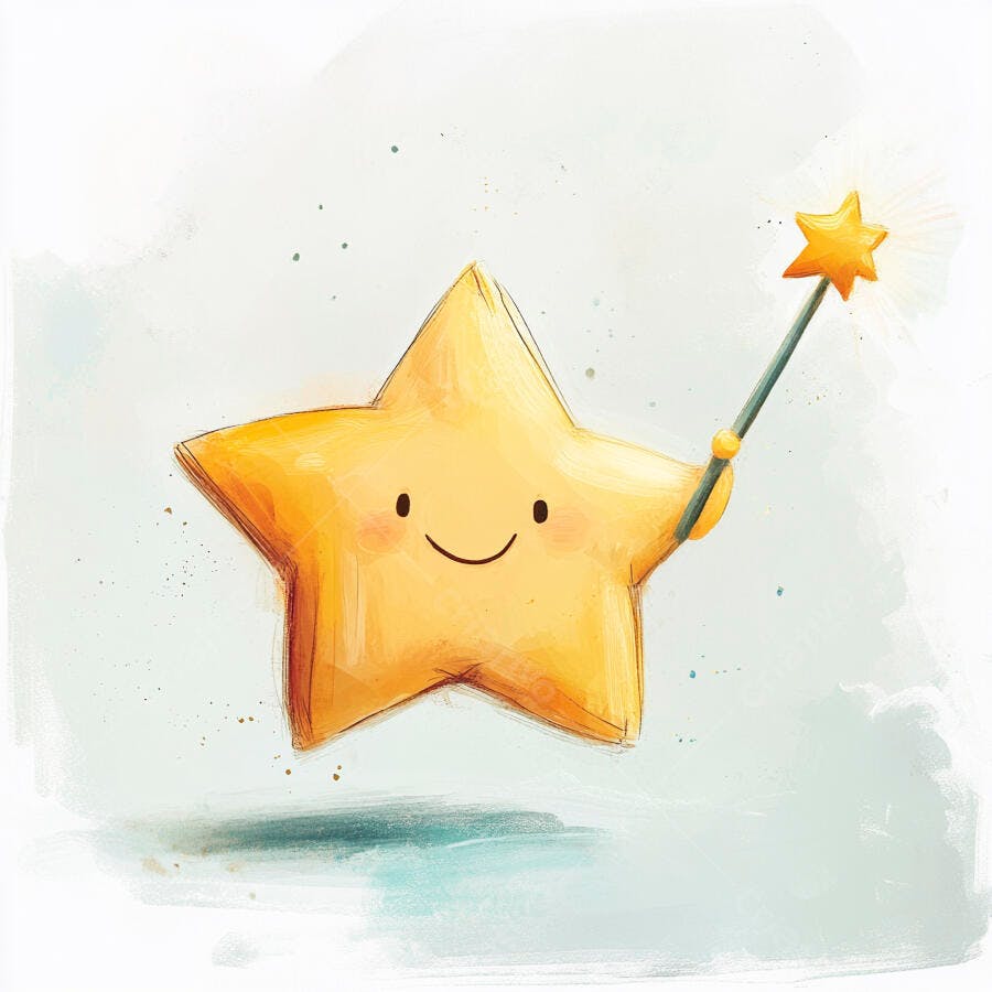 Estrela amarela sorrindo segurando varinha mágica em fundo aquarela