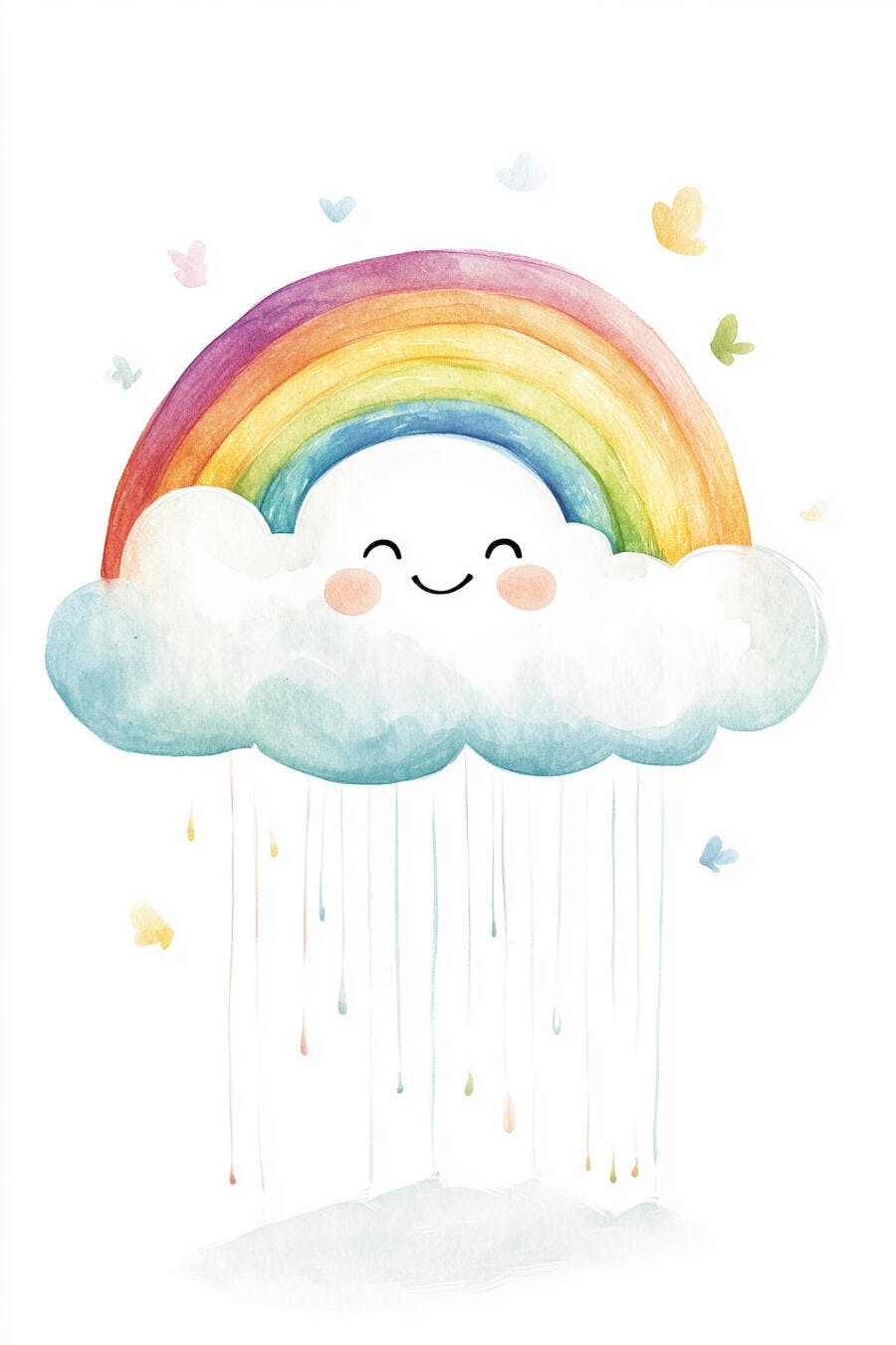Nuvem feliz com arco-íris aquarela e chuva colorida ilustração infantil