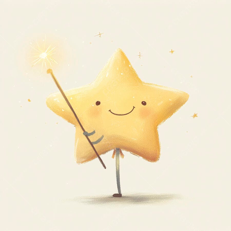 Estrela amarela feliz segurando varinha mágica brilhante ilustração infantil